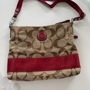 Coach Tan Signature Canvas Crossbody with Red Trim